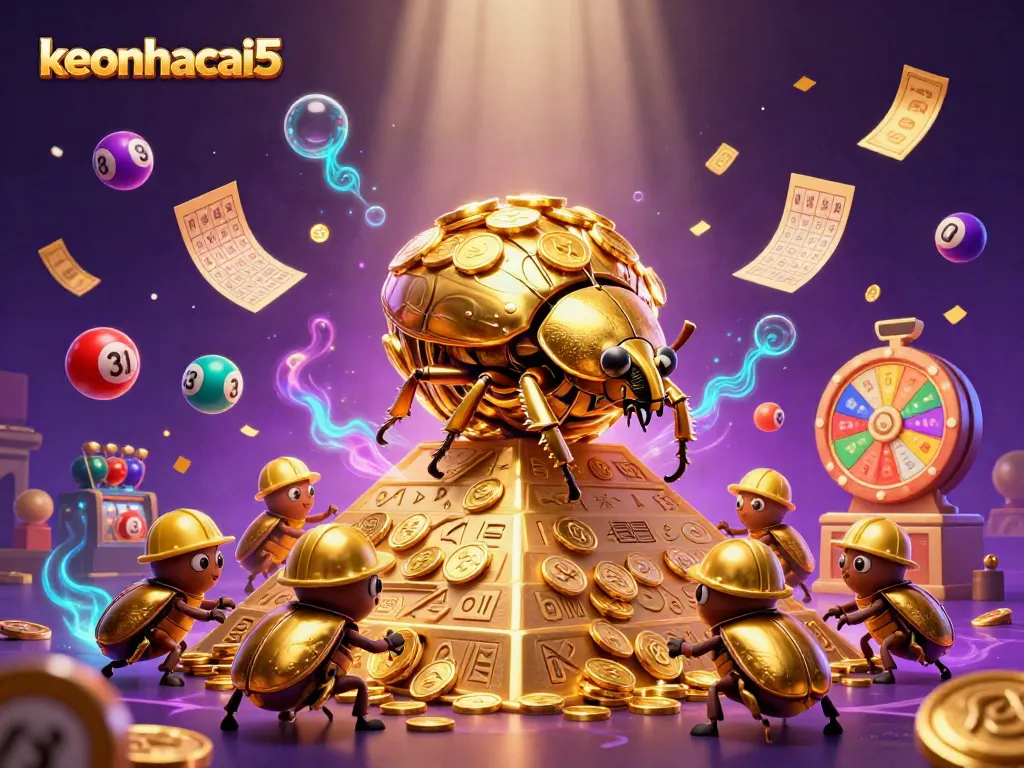 Engaging keonhacai5 scene with a golden beetle and gambling elements, showcasing dynamic lottery balls and casino symbols.