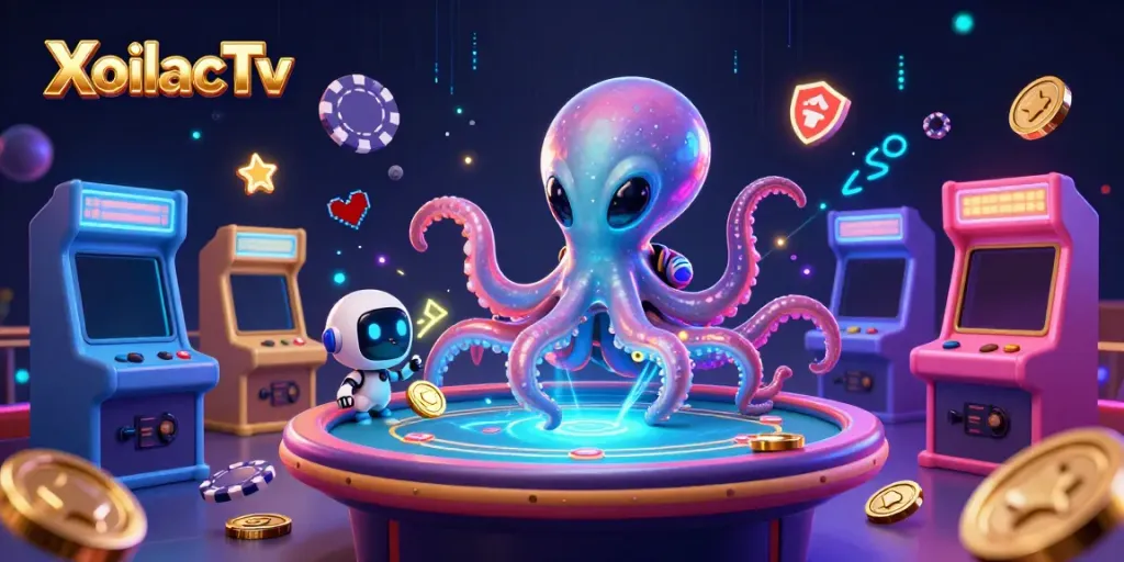 XoilacTv engages players at a holographic poker table with colorful gaming elements.