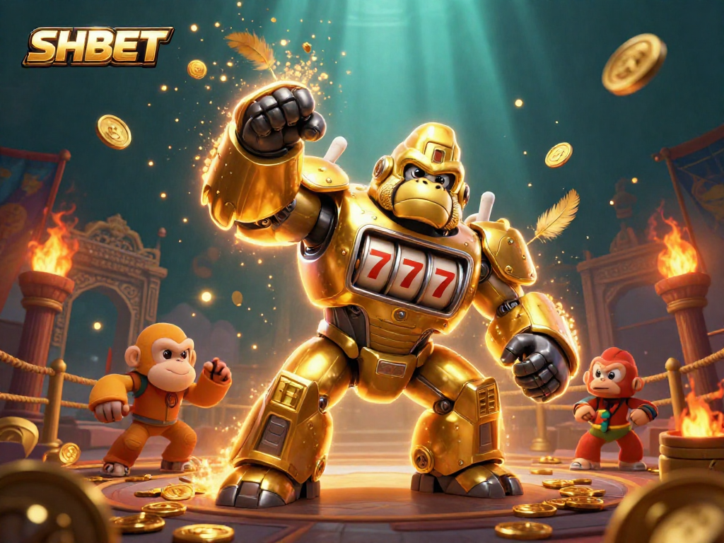 Experience the thrill of SHBET with a dynamic golden gorilla mech in a vibrant casino scene.