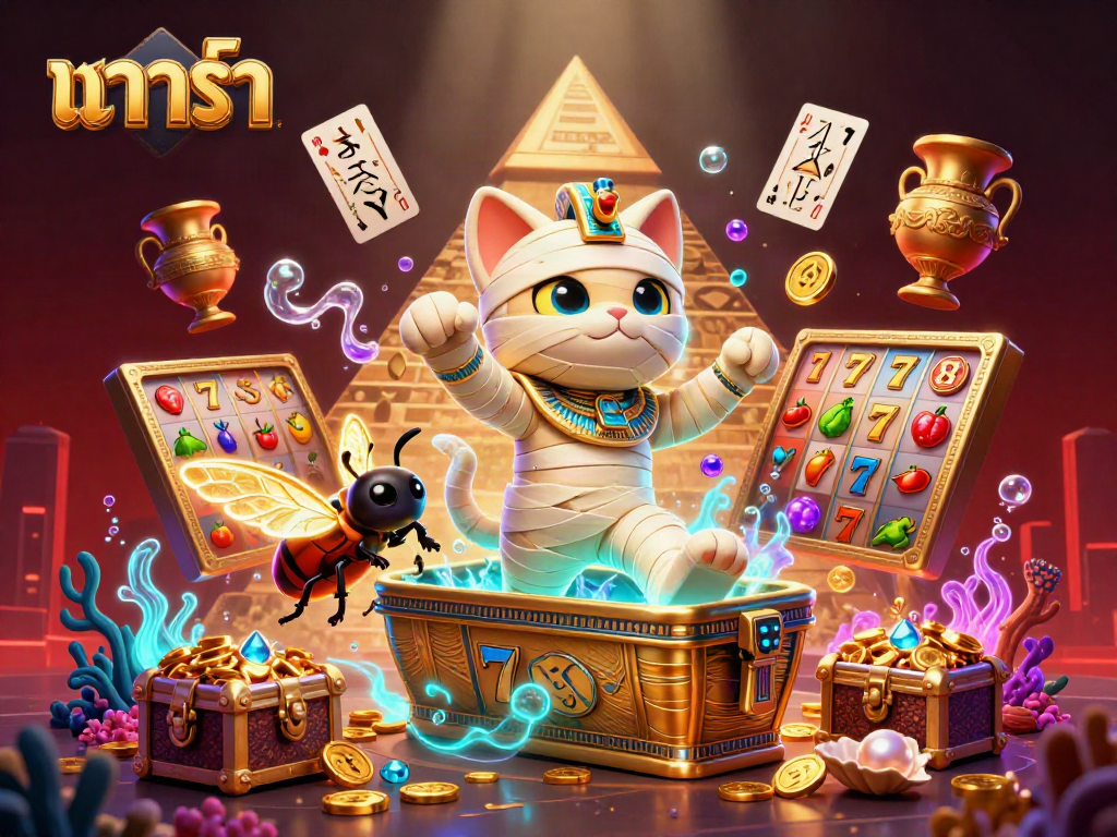 Engage with บาคาร่า gameplay in an enchanting casino scene featuring a mummy cat and glowing elements.