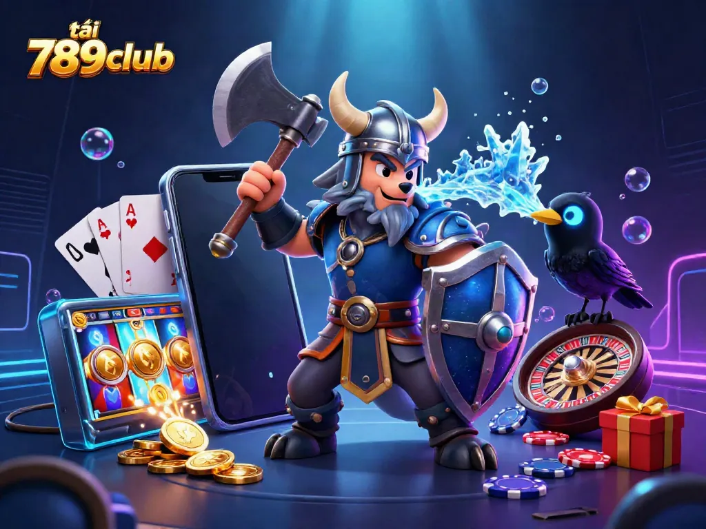 Engage with the exciting world of tải 789club, showcasing a cartoon Viking, dragon, and casino elements.