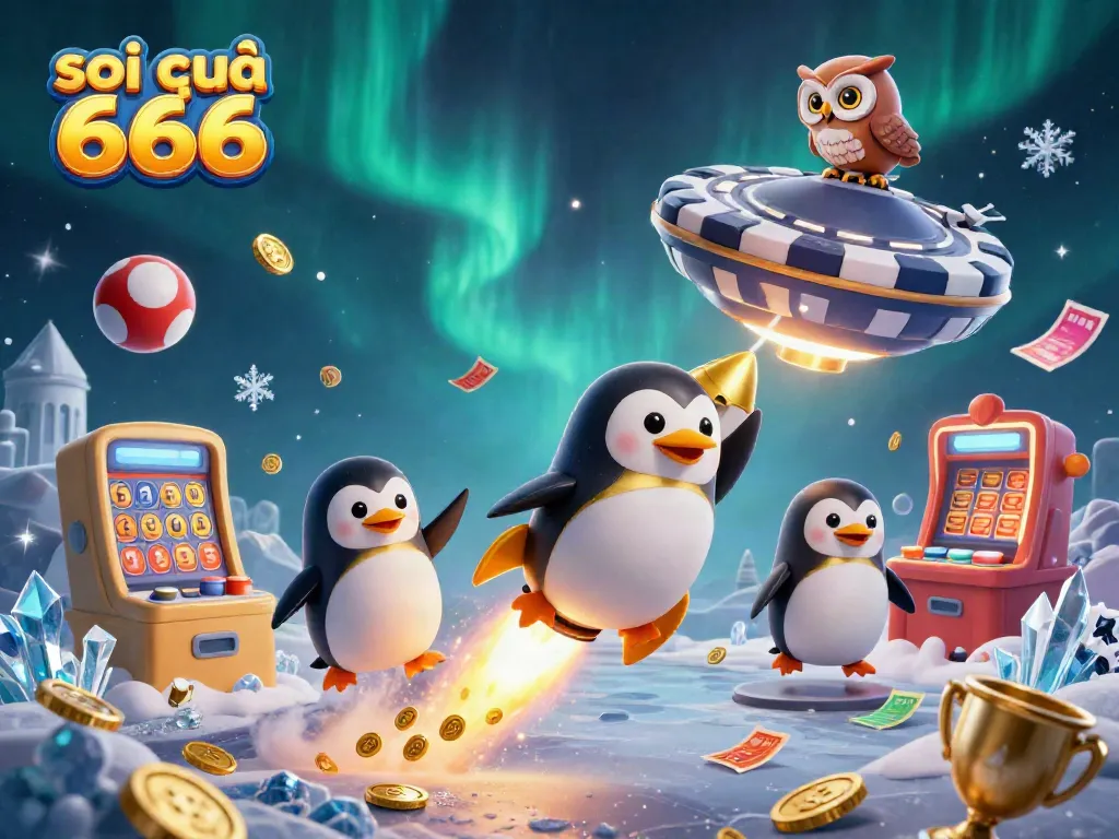 The golden penguin powers through space as Soi Cầu 666 brings lottery excitement with vibrant visuals.