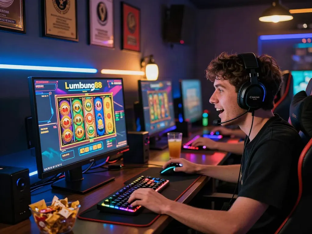 Intense gameplay moment at a lumbung88 online gaming setup featuring vibrant slot reels and RGB gaming gear.