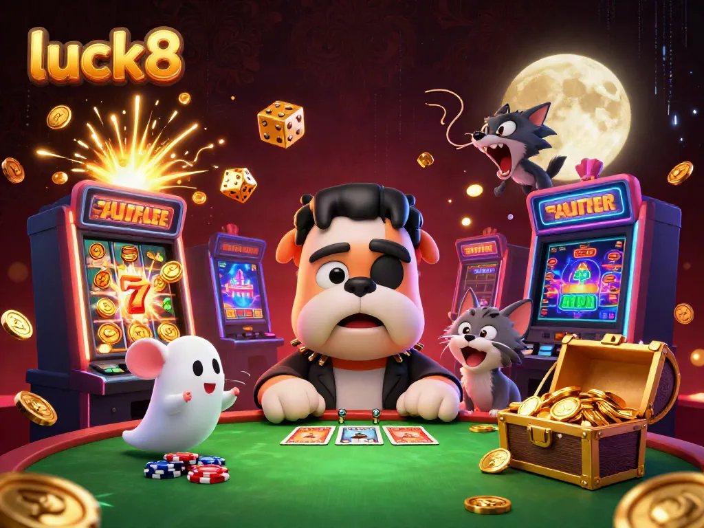 Engage with luck8 at an exciting casino table with a Frankenstein bulldog dealer and vibrant casino elements.