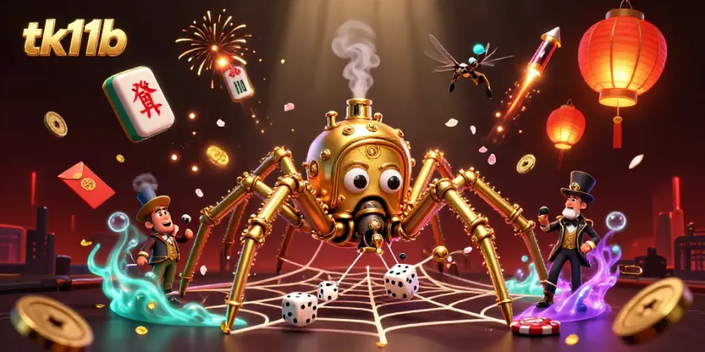 Experience the excitement of tk11b with a vibrant 3D steampunk scene featuring a spider trapping dice.