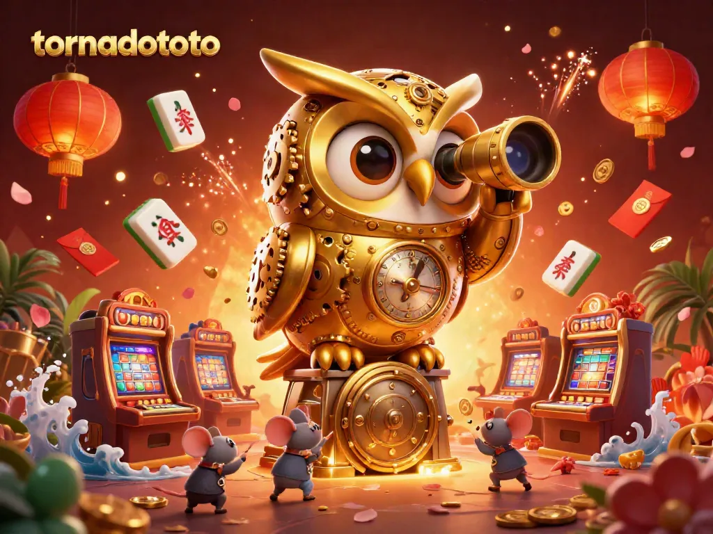 Experience vibrant action at tornadototo with a golden owl watching over animated slot games.