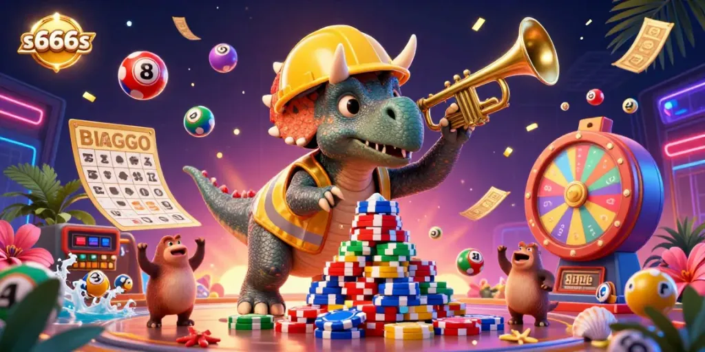 Experience the excitement of s666s with a vibrant casino scene featuring dynamic characters celebrating with colorful casino elements.