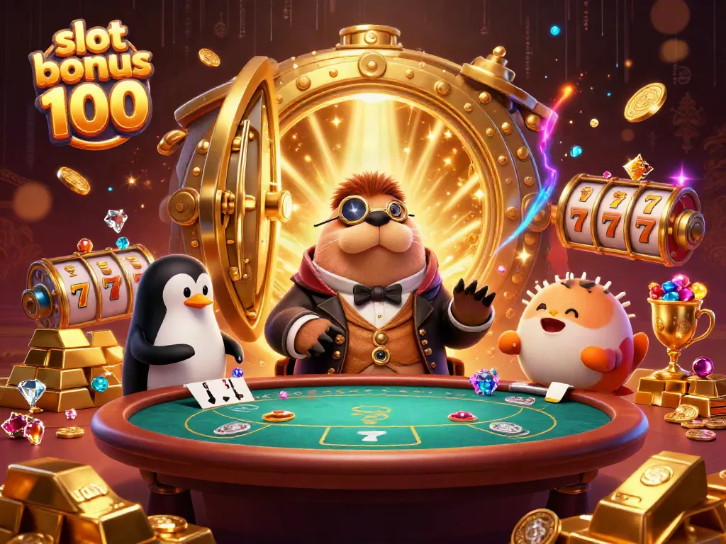 Experience the thrill of slot bonus 100 in this vibrant underwater casino scene featuring a jolly walrus and other whimsical creatures.