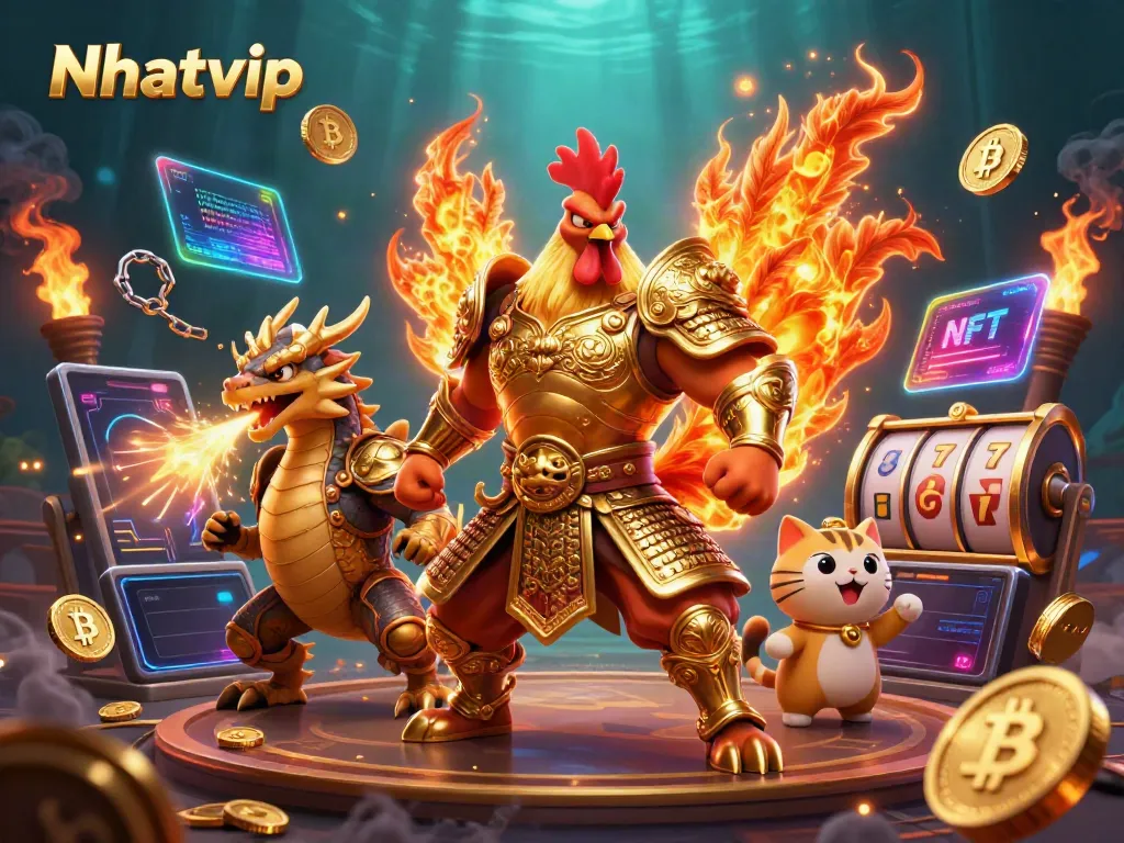 Engage with Nhatvip's exciting atmosphere through a vivid 3D illustration filled with gaming elements.