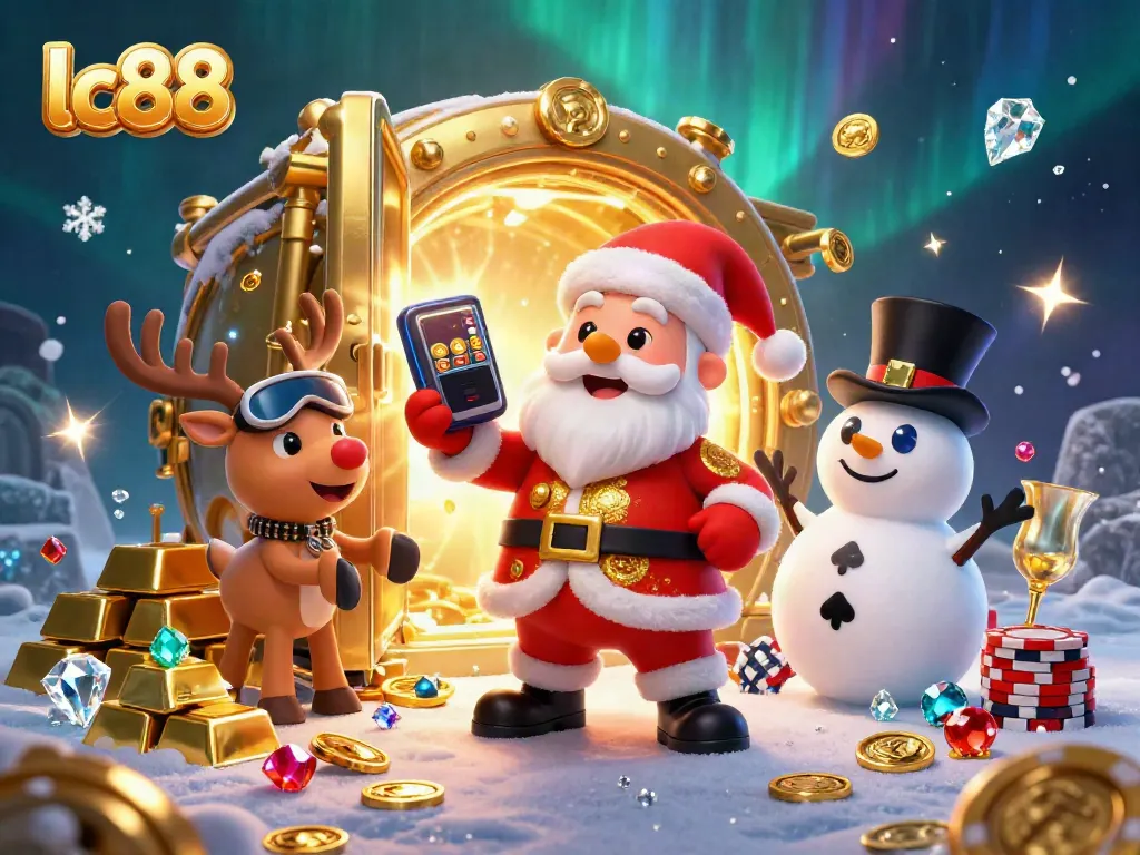 Experience winning with lc88 as Santa and friends celebrate jackpot slots in a vibrant casino scene.