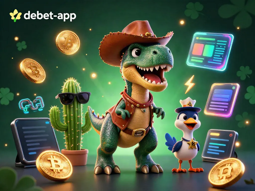 Experience the thrill of debet-app with a colorful 3D illustration featuring a dinosaur cowboy and Vegas-style elements.