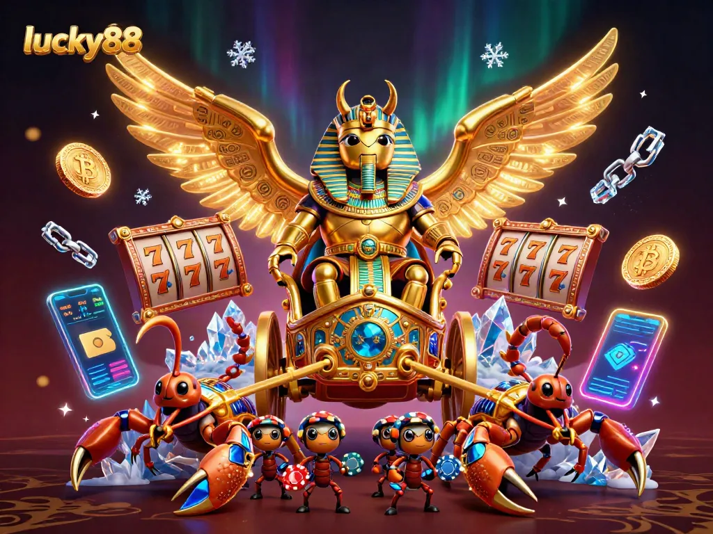 Experience the excitement at lucky88 with a dramatic scene featuring golden beetles and vibrant casino elements.