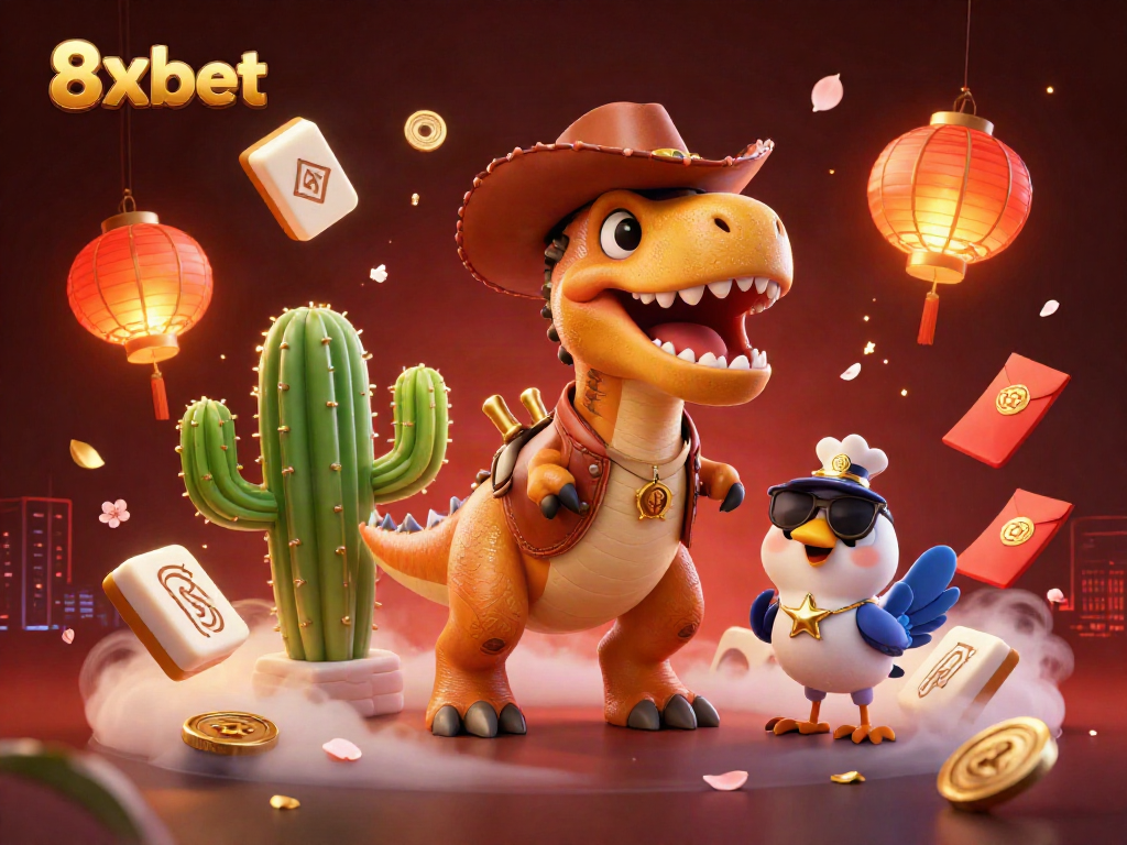Engage with 8xbet in a vibrant 3D casino scene featuring a cowboy dinosaur, cactus, and roadrunner.