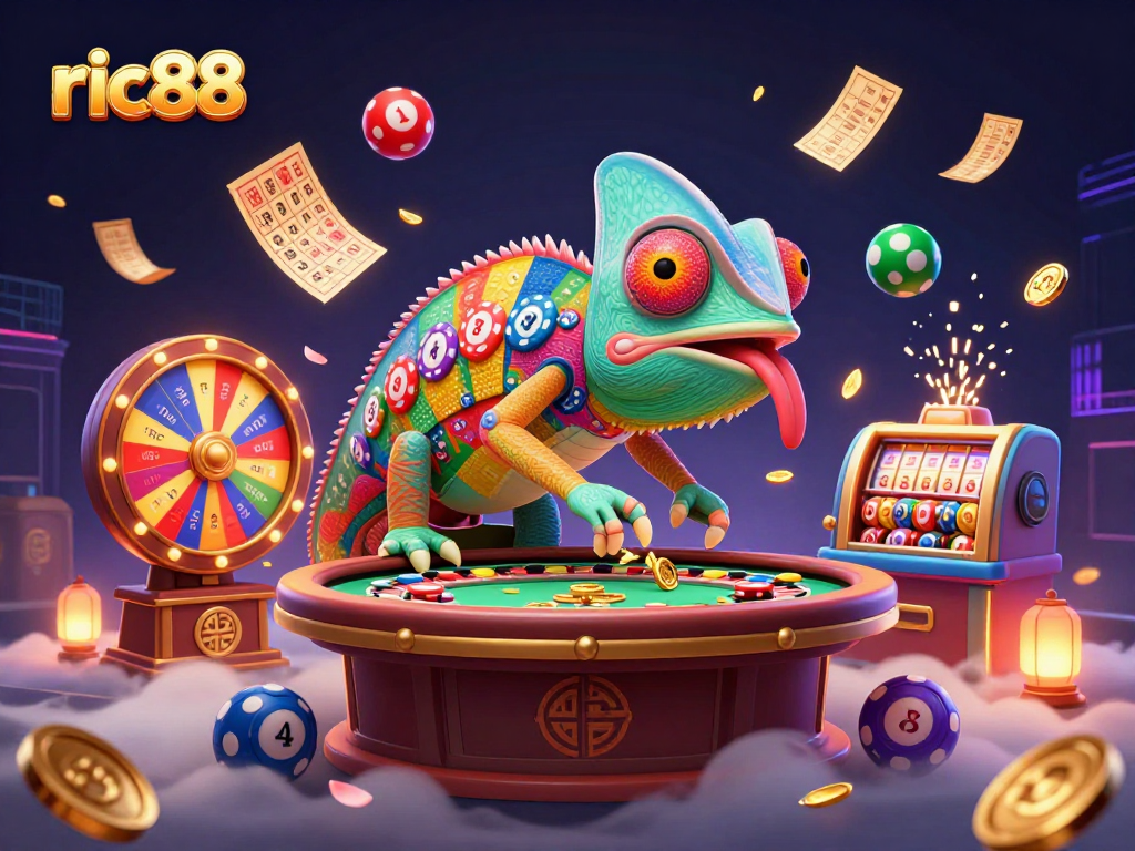 Engage in the vibrant casino atmosphere with ric88's animated chameleon owner and lottery elements.