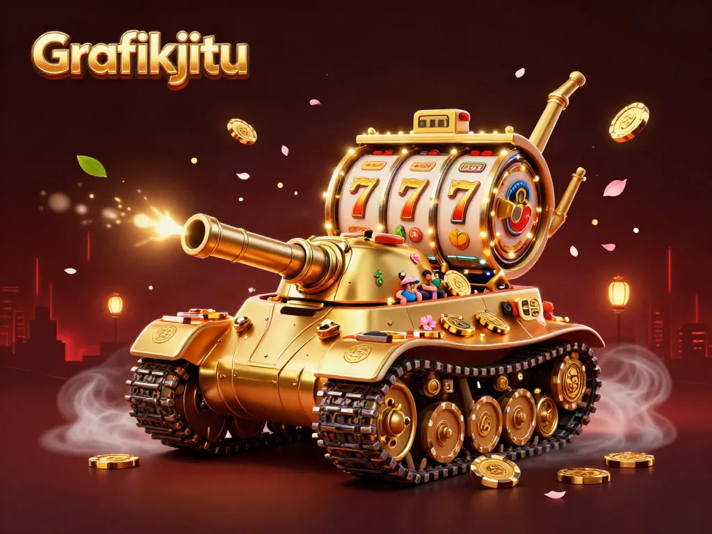 Experience Grafikjitu's thrilling mini-casino inside a golden tank featuring lively slot reels and vibrant decorations.