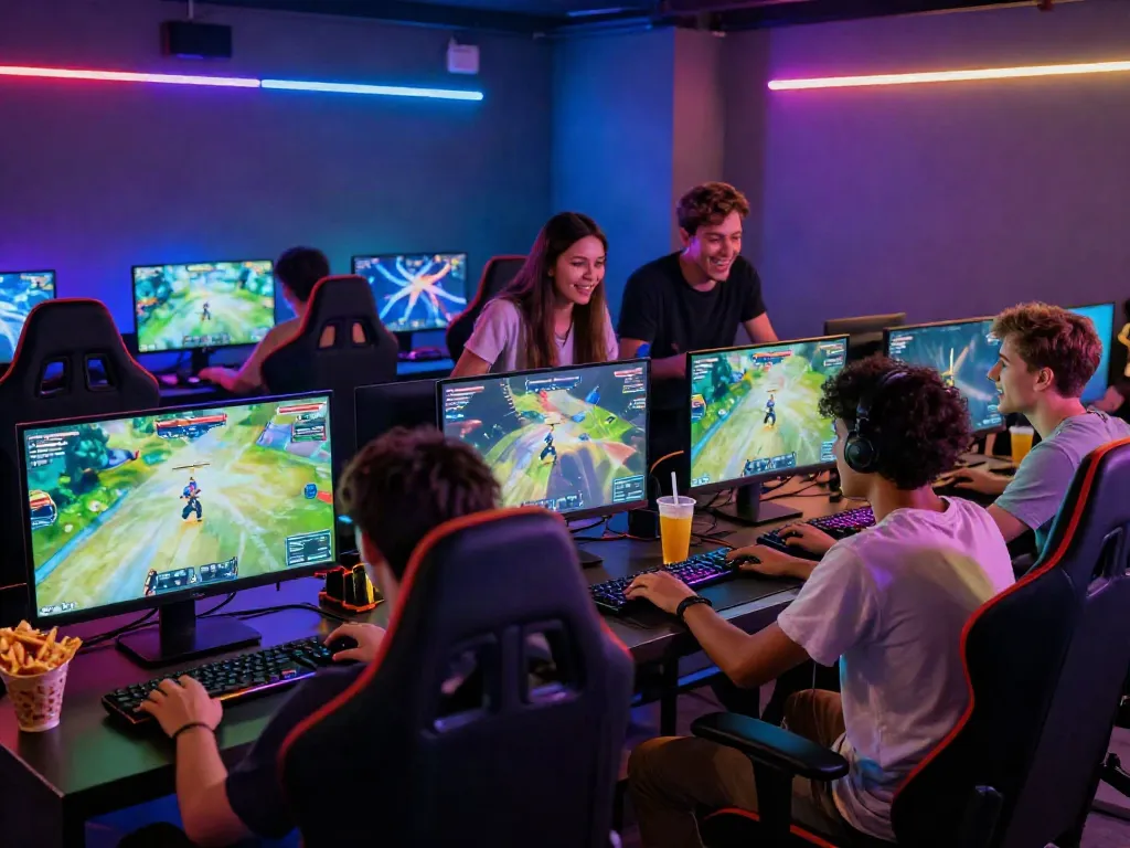 Kilat 404 gaming lounge highlighting friends enjoying immersive gameplay in a vibrant atmosphere.