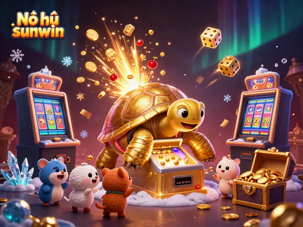 Nổ hũ sunwin showcases a vibrant carnival of gaming excitement with a golden tortoise pinball machine and exhilarating jackpot moments.