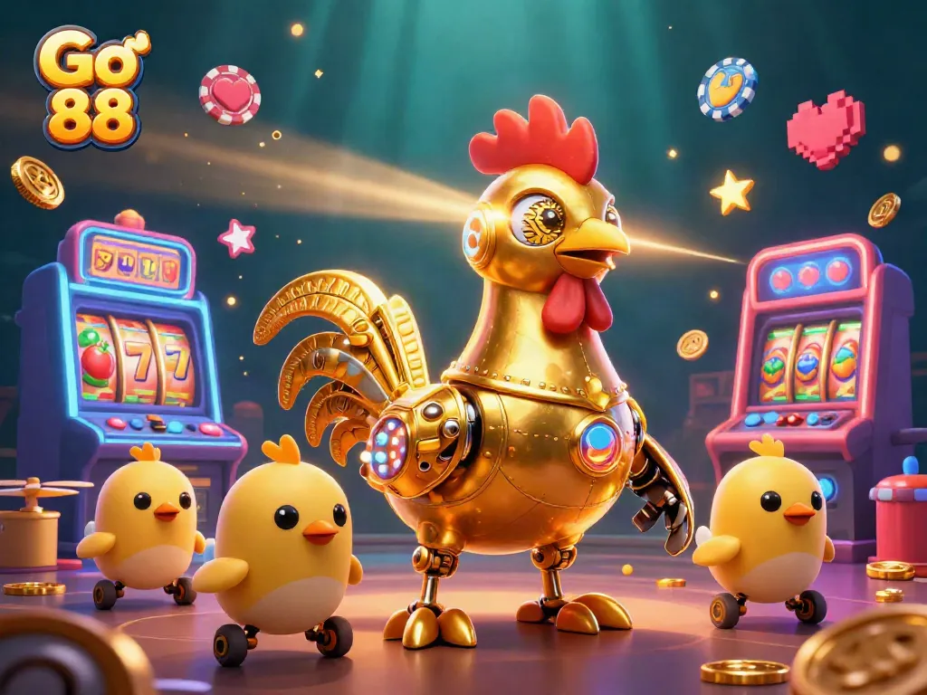 Engage in the vibrant Go 88 online casino experience with a dynamic scene filled with golden characters and slot machines.