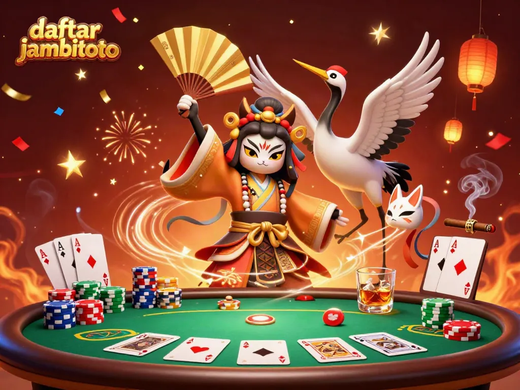Engaging scene illustrating daftar jambitoto with a kabuki warrior, colorful poker elements, and dynamic casino vibes.