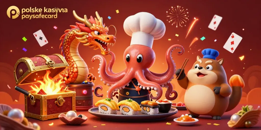 Engage with polskie kasyna online paysafecard featuring a cartoon octopus chef and golden treasures in a vivid casino scene.