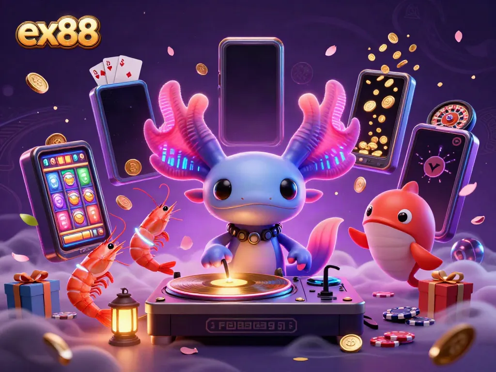 Experience vibrant gameplay with ex88 as a neon axolotl DJ spins tracks in an underwater casino scene.