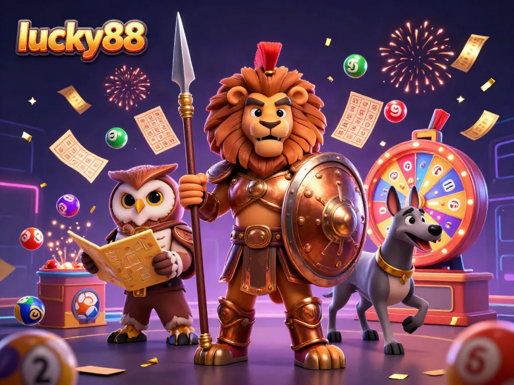 Engage with innovative games at lucky88 casino, featuring an exciting lottery scene with dynamic characters.