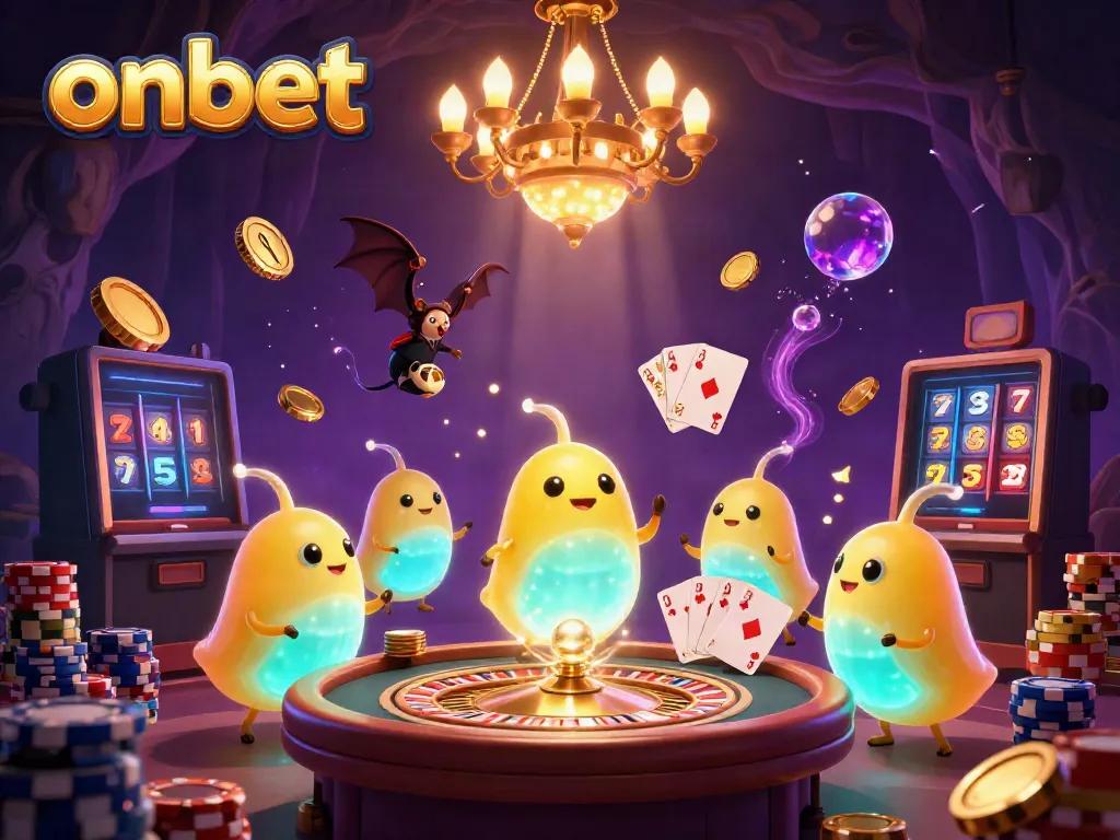 Experience the thrill of onbet in a vibrant cave casino with glowworms and a bat dealer lighting up the games.
