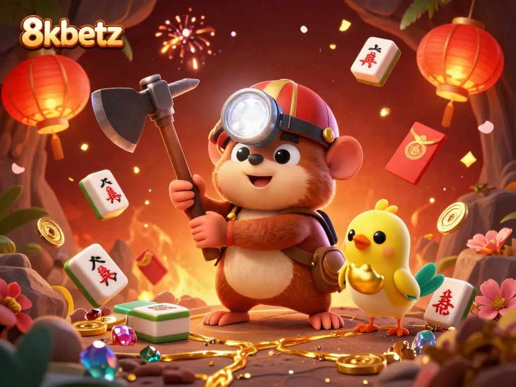 Experience the vibrant gaming world of 8xbetz with a treasure hunter mole amidst glowing gems and festive elements.
