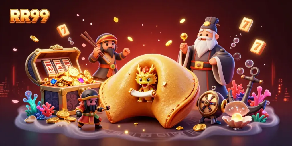 RR99 online casino features a vivid scene with a golden cookie, wise dragon, and luxurious game elements.
