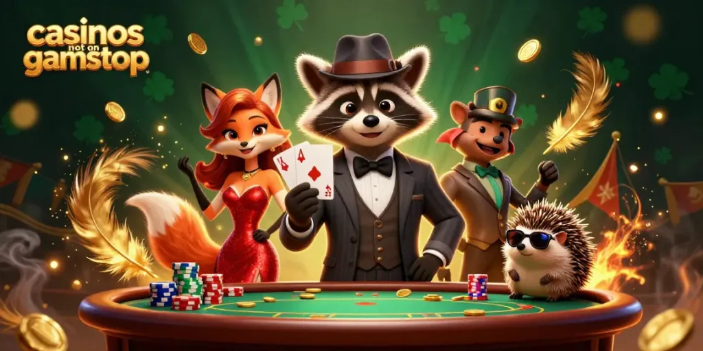 Play poker at casinos not on gamstop with a charming raccoon, fox, and hedgehog.