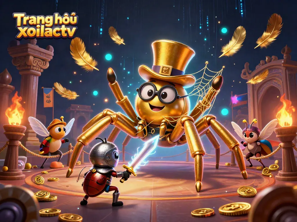Experience a thrilling scene on Trang chủ xoilactv with a golden tarantula and a beetle knight in a dynamic casino web.