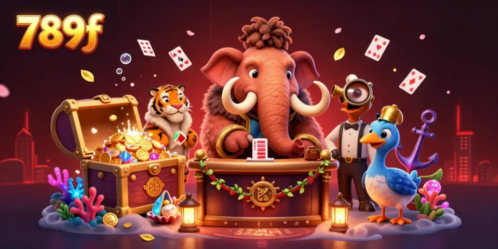 Experience the vibrant 789f casino scene with characters interacting around treasures and games in a captivating illustration.