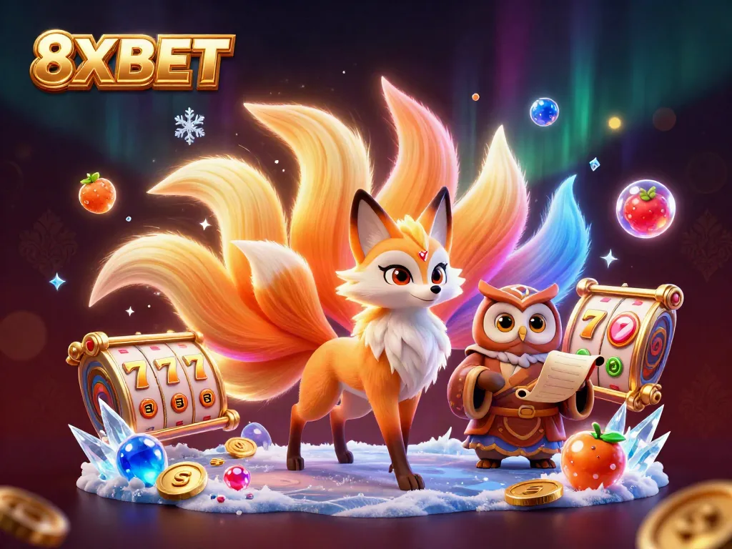 Engage with 8XBET's colorful online gaming experience featuring a whimsical fox spirit and owl amidst slot elements.