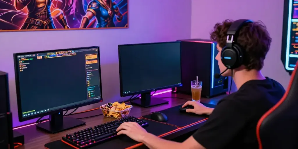 Gamer live streaming slot depo 10k dengan perangkat modern dan suasana ceria.