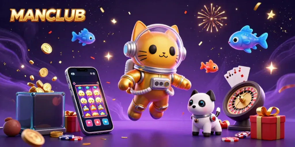 Engage in thrilling slot games with MANCLUB's vibrant 3D space scene, featuring astronaut cat and exotic elements.