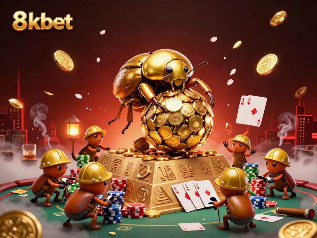 Experience the vibrant gaming atmosphere of 8kbet as a golden beetle rolls coins among poker tables in an exciting casino setting.
