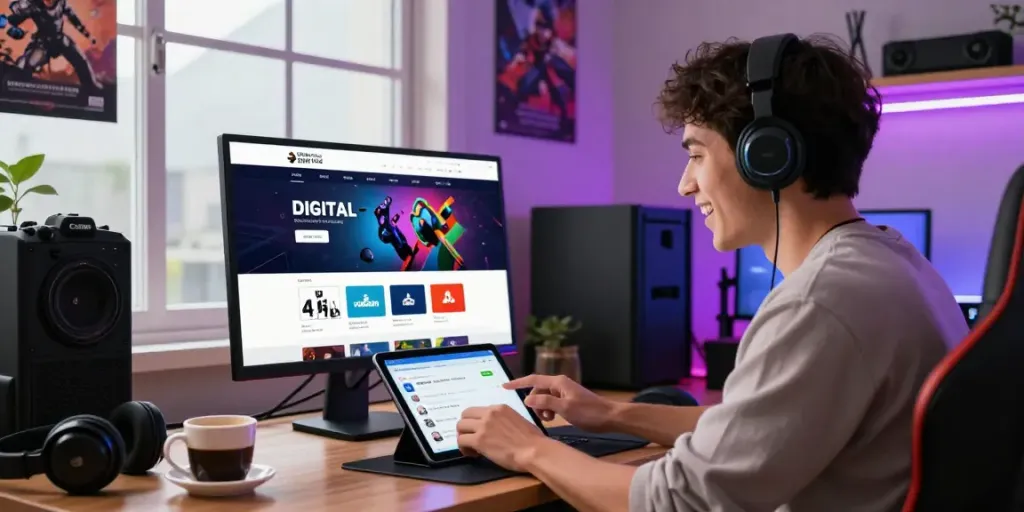 A young adult engaging with gaming products on warung168's digital marketplace, featuring a cozy gaming setup and vibrant promotions.