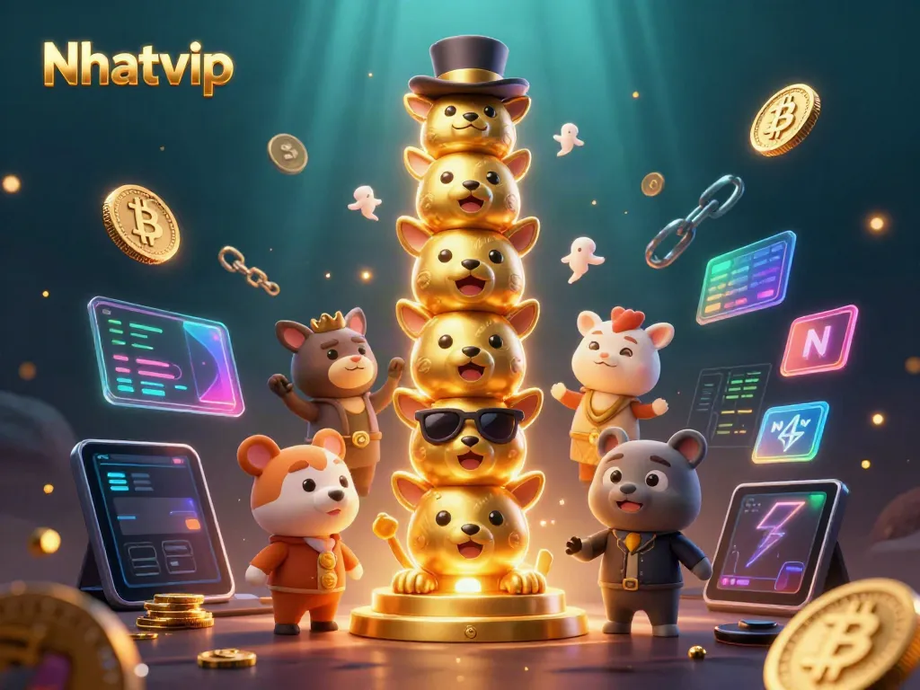 Nhatvip captures the excitement of online gaming with a vibrant 3D illustration showcasing animated characters and cryptocurrency elements.
