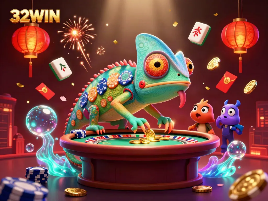 Experience the vibrant world of 32WIN with a chameleon casino mascot surrounded by festive gaming elements.