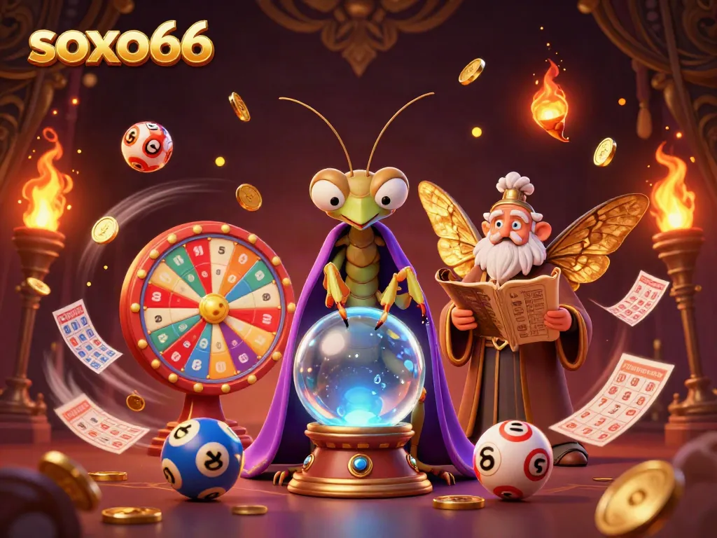 Experience soxo66 lottery thrills with a lively 3D illustrated scene featuring fortune tellers and glowing game elements.