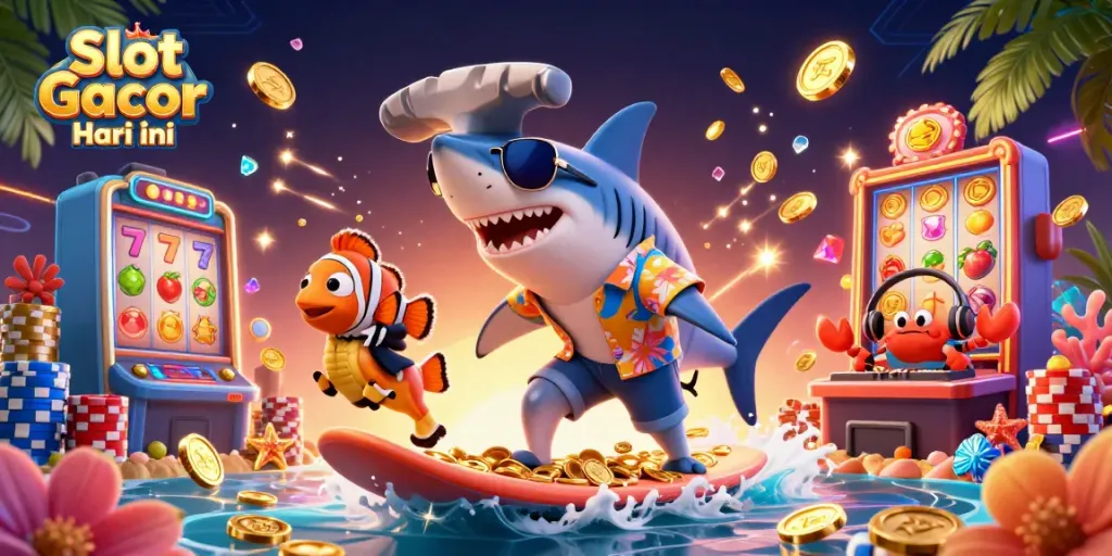 Experience Slot Gacor Hari ini with a thrilling illustration featuring a shark and colorful casino elements.