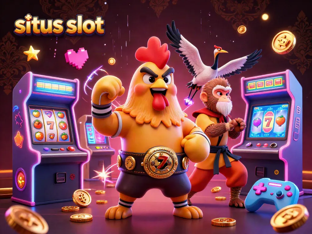 Engage in situs slot fun with a vibrant casino scene featuring dynamic characters and gaming elements.