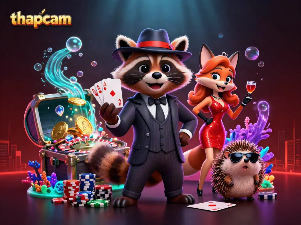 Experience thapcam's engaging gambling scene with a raccoon holding a royal flush, symbolizing high-stakes excitement.