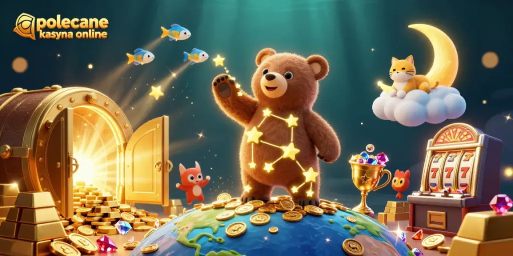 Engage with polecane kasyna online as the constellation bear scoops coins amid vibrant casino elements.