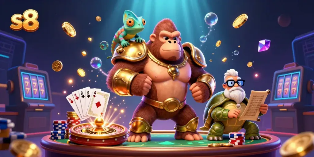 Experience thrilling gambling adventures with S8's dynamic casino characters in 3D.