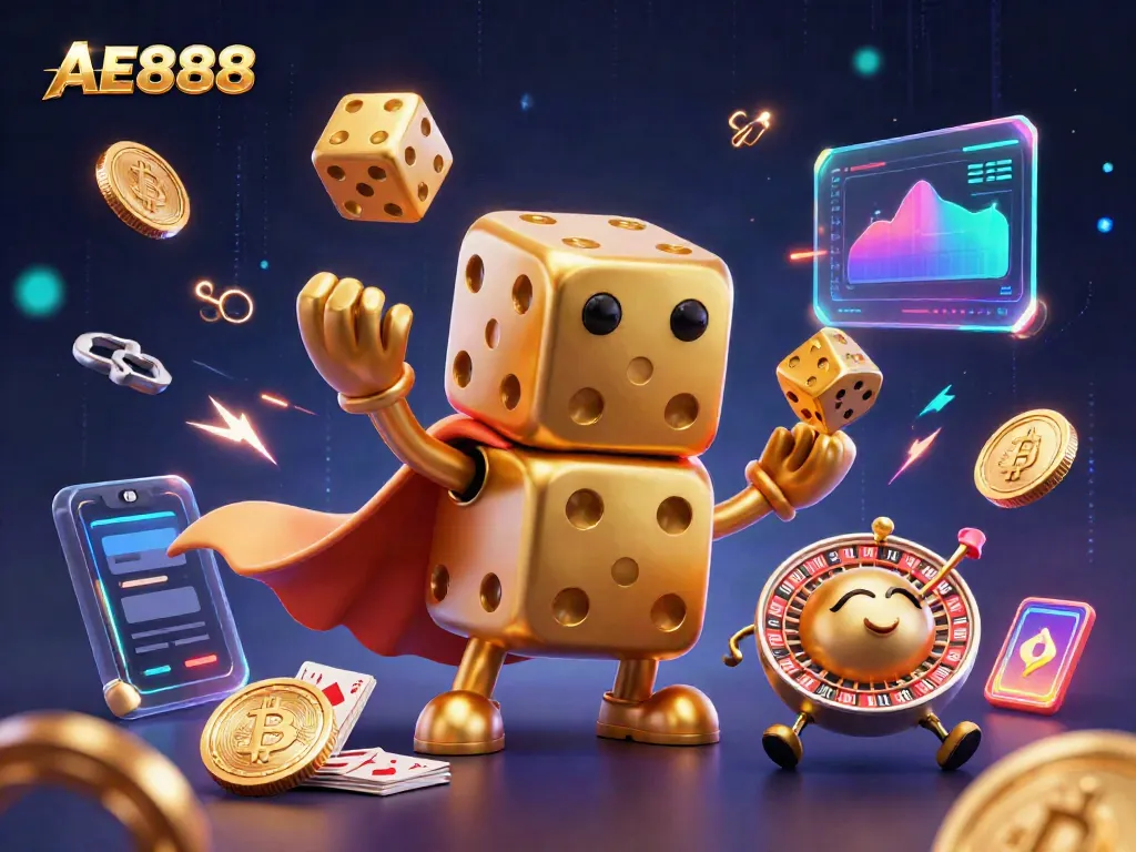 AE888 showcases a vibrant 3D casino scene with golden dice golem and crypto elements, enhancing online gaming.