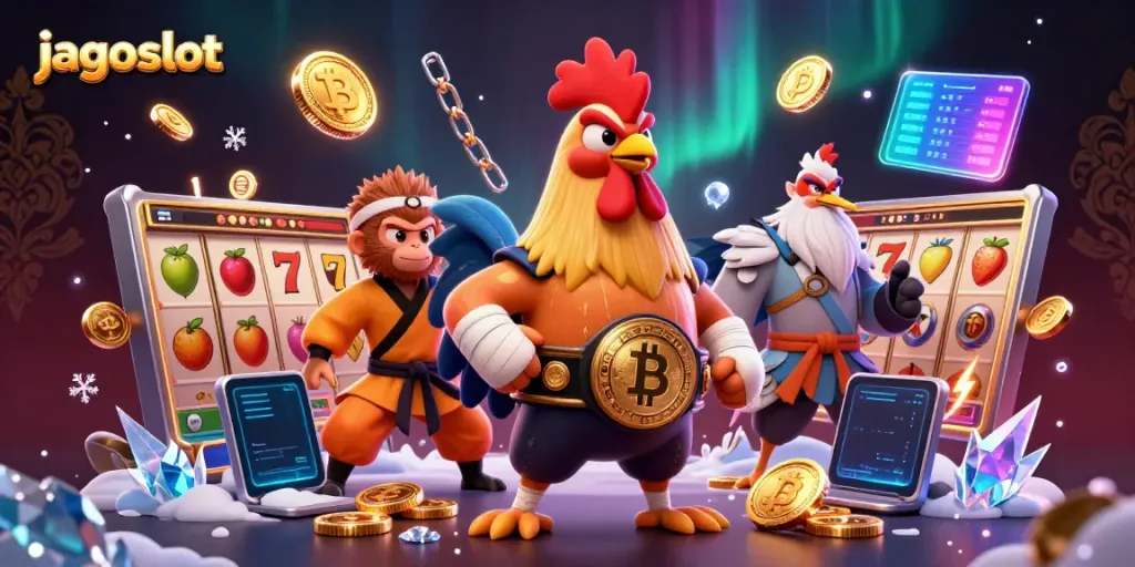 Permainan slot jagoslot dengan ayam Muay Thai dan karakter seni bela diri dalam suasana mewah.