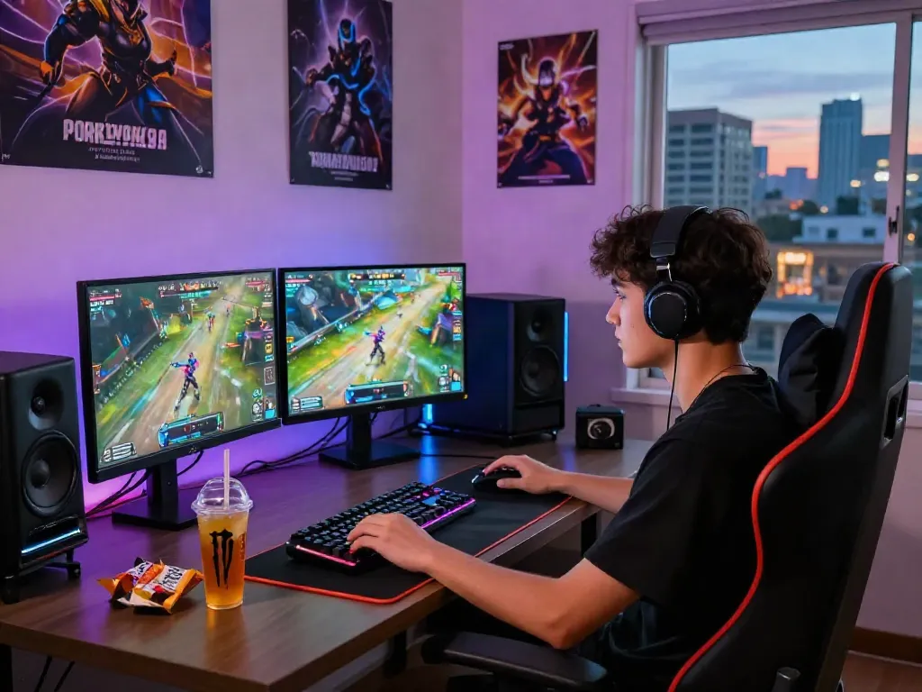 Immersive gaming setup showcasing warung168 in action, featuring a focused gamer surrounded by vibrant visuals and energetic atmosphere.