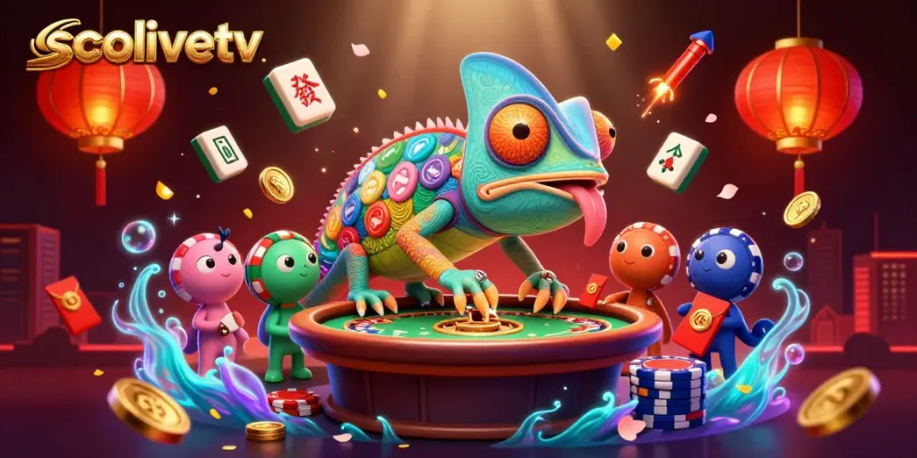 Socolivetv captivates with a vibrant chameleon casino illustration showcasing dynamic gaming elements and lively atmosphere.