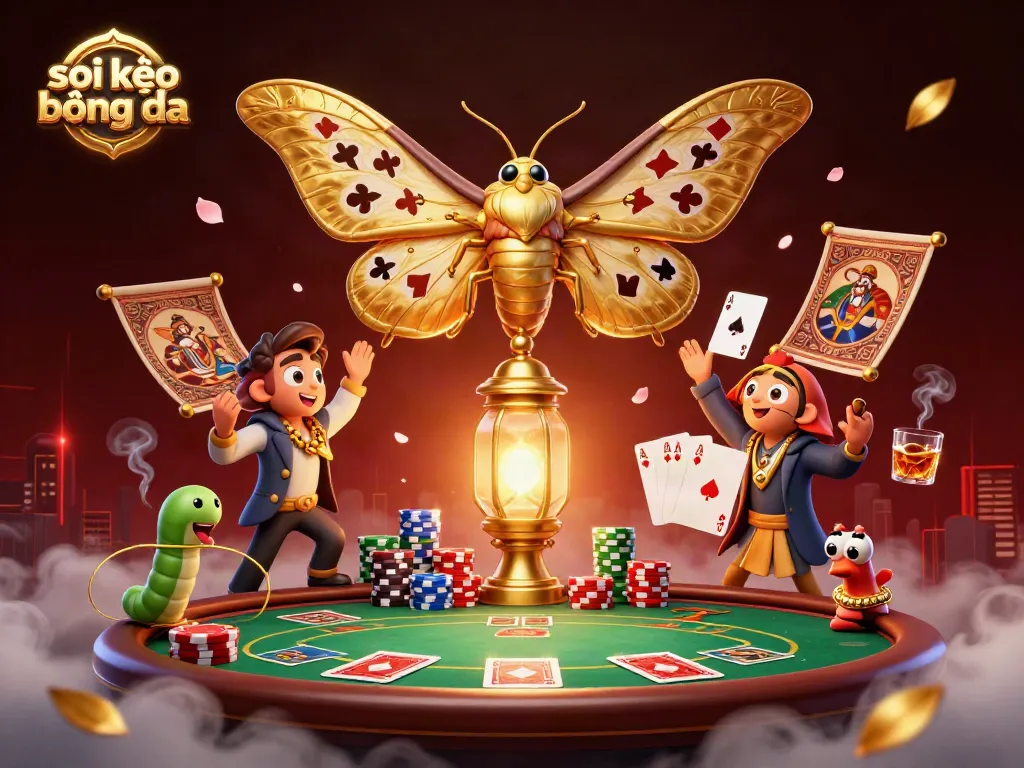 Engaging soi kèo bóng đá scene with a majestic atlas moth, poker chips, and casino elements.